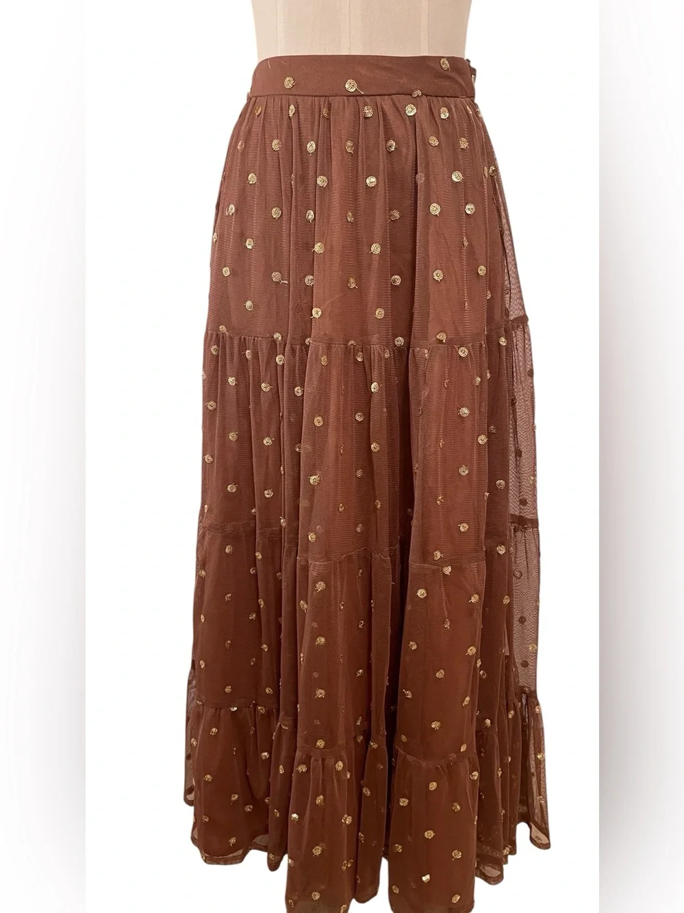 ❤️ NWOT! House of Indya Tulle Mesh Gold Foil Embroidery Tiered Boho Maxi Skirt